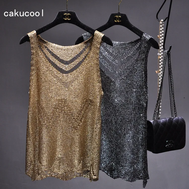 

Cakucool Gold Lurex knitted Women Summer Tops Camis Sexy Hollow out Holes Tank Bling Basic Camisole Sleeveless Shirt Silver