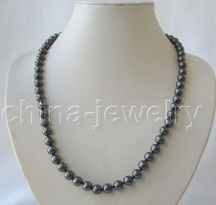 

Free shipping >>>>>Beautiful 24" 8mm peacock black perfect round sea shell pearl necklace