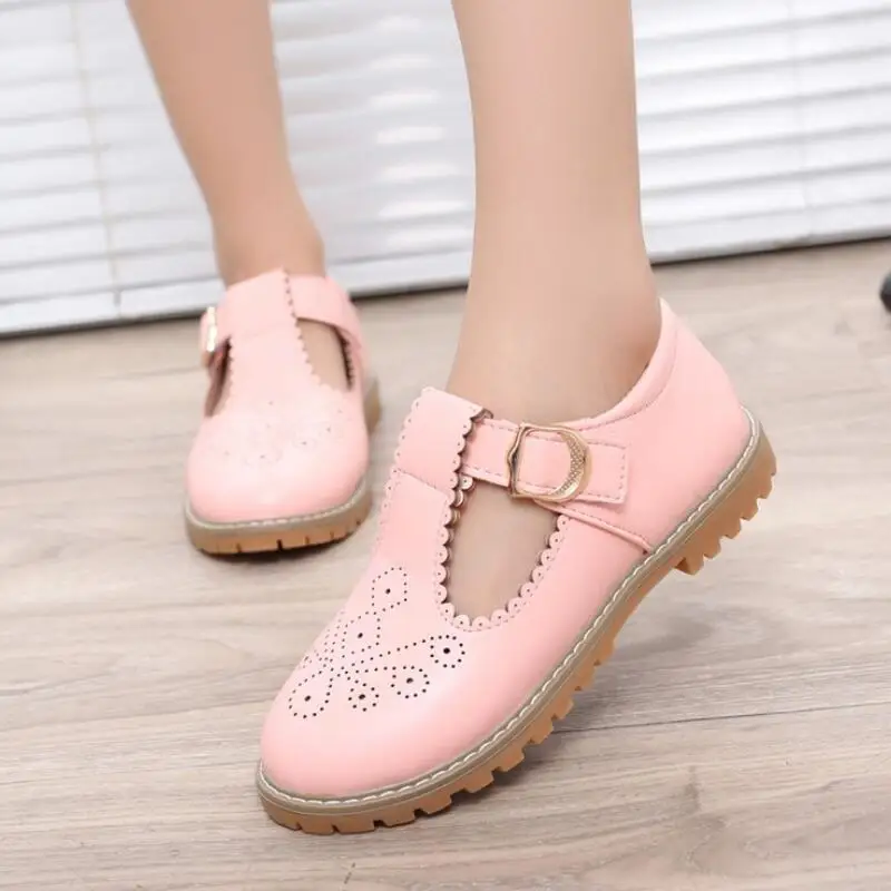 

SKHEK New Children Leather Shoes Casual Girls Princess Flat Heel Party Shoes Fashion Hollow Out Flowers Kids Shoes For Girls