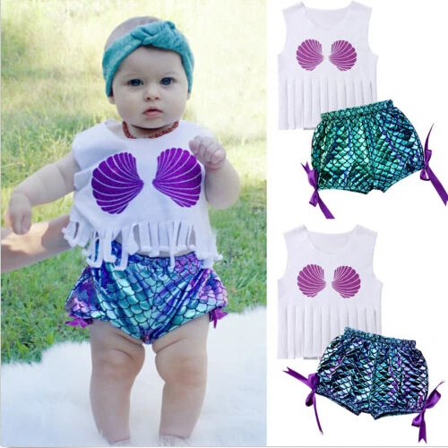 Summer Toddler Baby Girls Beach Clothes Set Sleeveless Shell Print