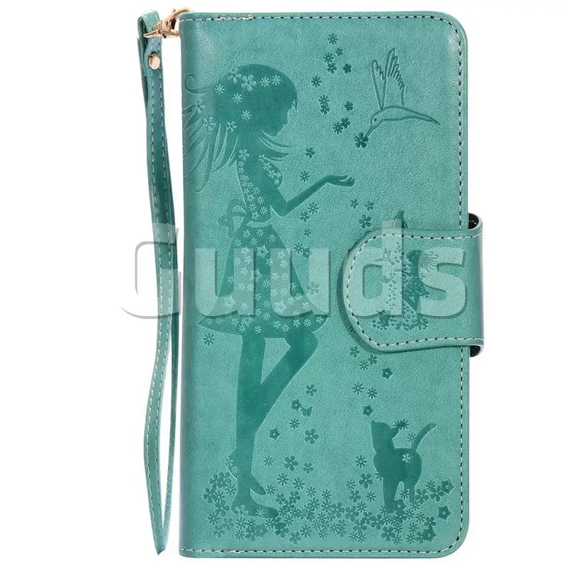 Embossing Cat Girl 9 Card Leather Wallet Case for iPhone 8 Plus / 7 Plus 7P(5.5 inch) - Green