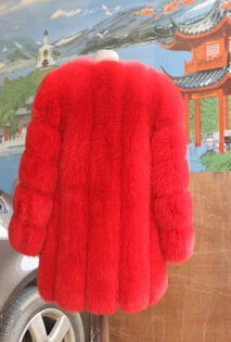 Новое поступление, теплое Женское пальто из натурального Лисьего меха, полосатая верхняя одежда с круглым вырезом, утолщенное Женское зимнее пальто, розничная/, зимняя куртка - Цвет: Красный