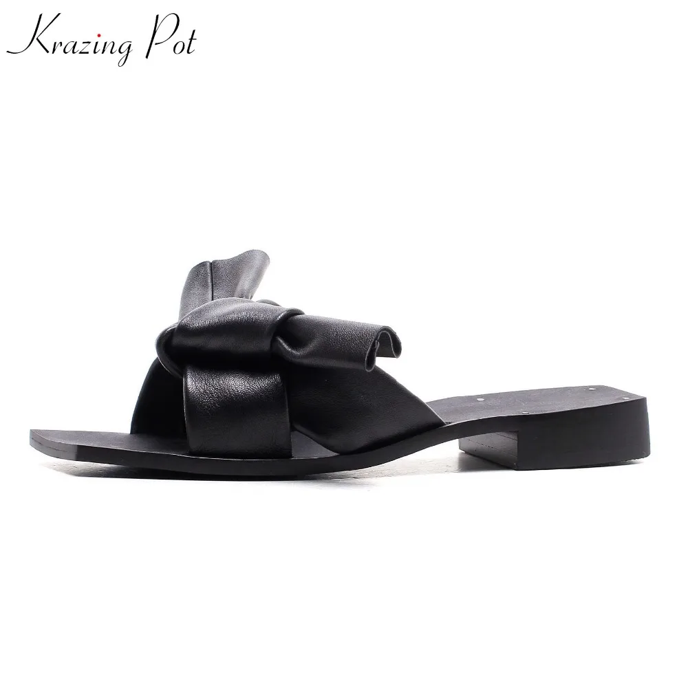 

Krazing Pot new summer sheep leather peep toe women outside slippers bowtie sweet preppy style beauty lady superstar sandals L56