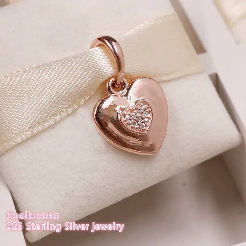 

2018 Autumn 925 Sterling Silver brand logo Heart Pendant, Rose gold & Clear CZ Beads Fit Original Pandora Charms Bracelet DIY