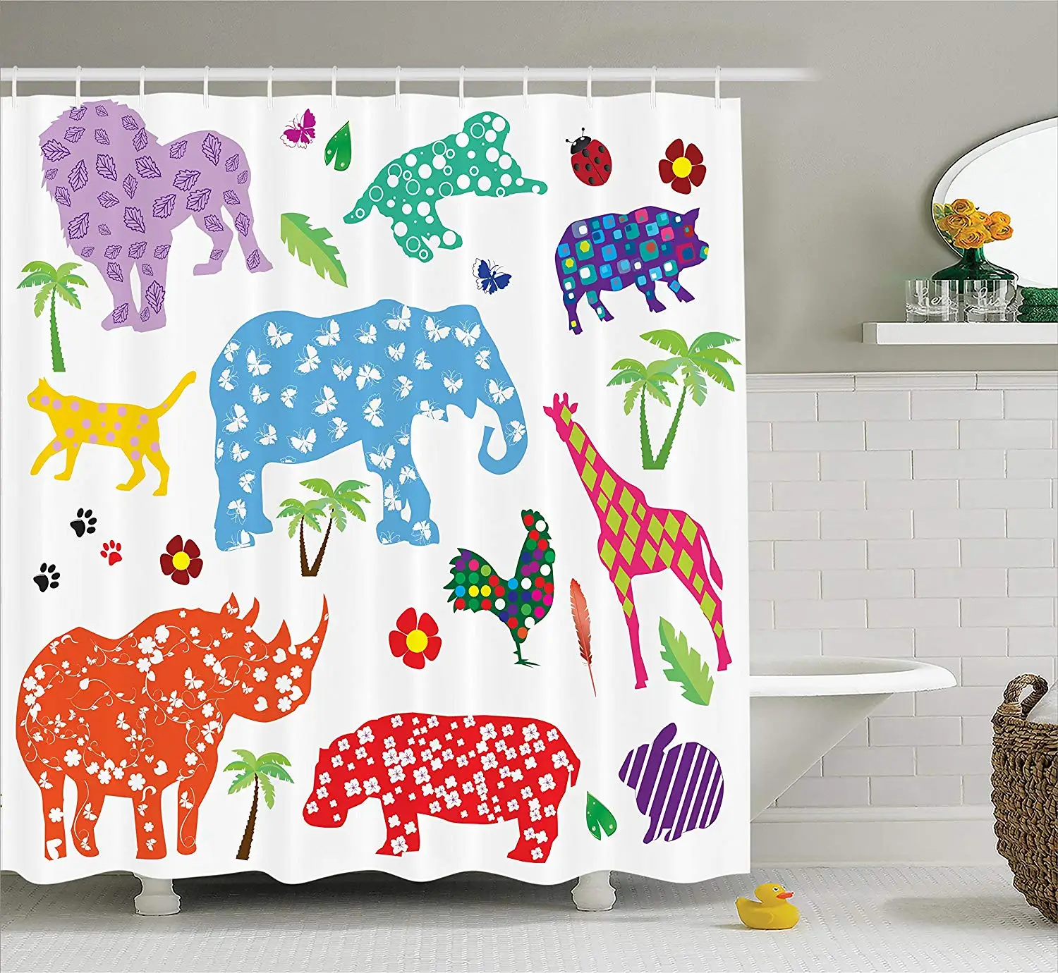 

Shower Curtain Collection of Wild African Animal Design Filled with Various Floral Ornamental Forms Fabric Bathroom Decor