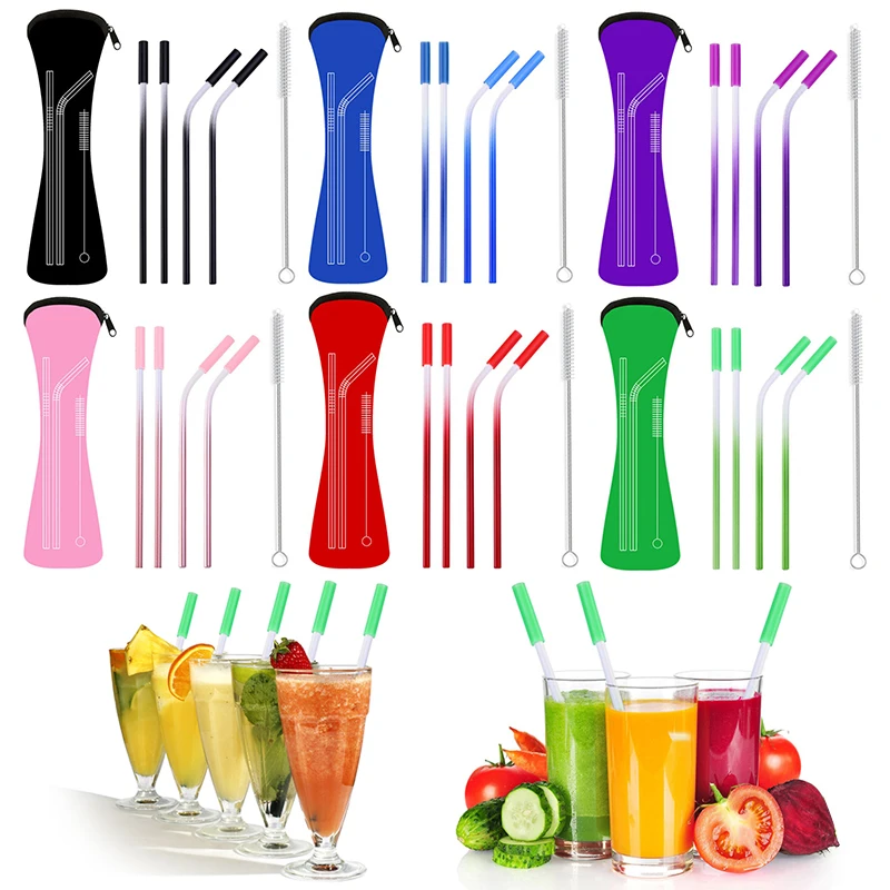 

1/2/3PCS Reusable 304 Stainless Steel Straw Metal Smoothies Drinking Straight Straws Silicone Cover with Brush Bag Wholesale