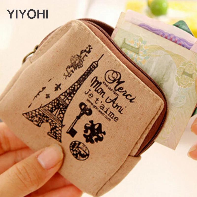 

YIYOHI 2017 New Retro Eiffel 9.5*9CM High Quality Canvas Zipper Coin Purse Women Mini Handbag Grils Wallet & Key Holder