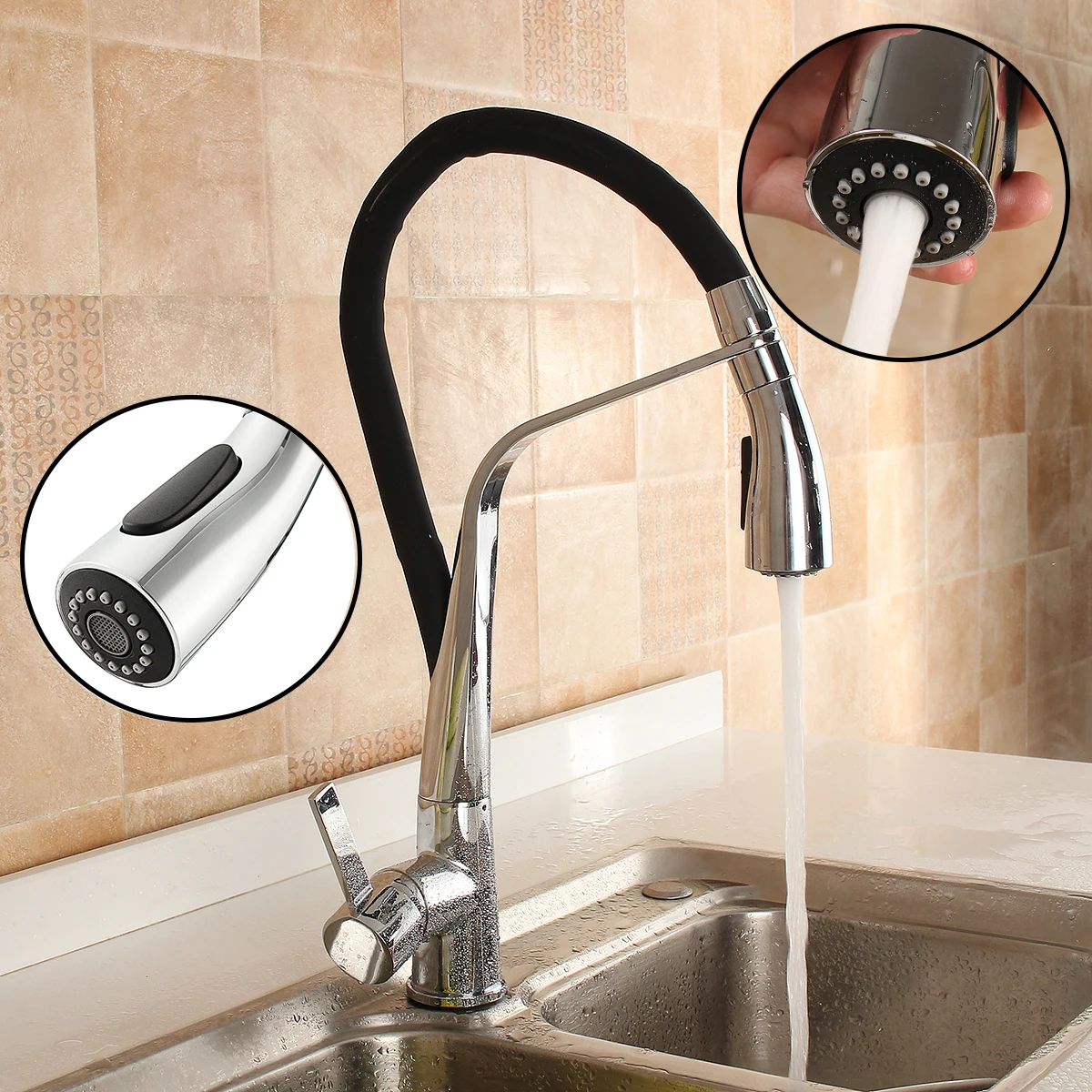 

Modern Kitchen Vessel Sink Faucet Black Rubber Pull Down 360Rotation Spout Mixer Tap Single Hole Handle Dual Sprayer Nozzle