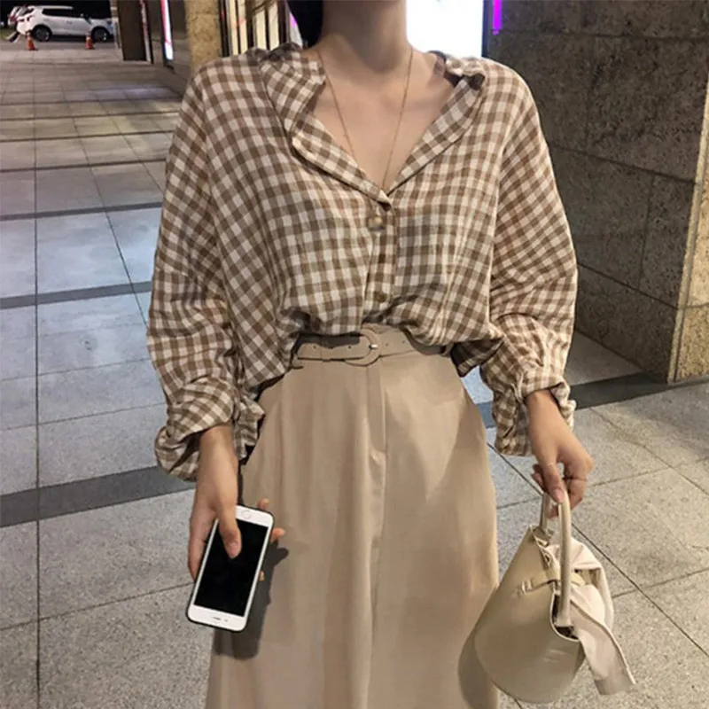 Batwings Sleeve Plaid Cotton Cute Sexy Women Shirts Stand Collar Oversize Female Tops Blouse Plus Size 5XL Casual Street Shirt