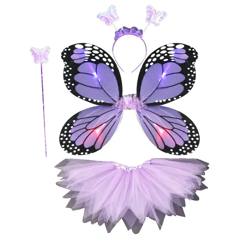 Детский костюм феи из 4 предметов; Светодиодный костюм; имитация крыльев бабочки; остроконечная юбка-пачка; повязка на голову; волшебная палочка; вечерние юбки принцессы для девочек