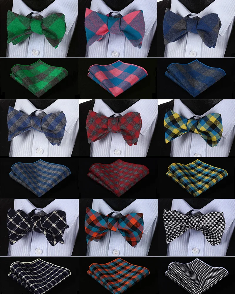 

#BMC1 Pocket Square Classic Party Wedding Check Cotton Wedding Self Bowtie handkerchief Set