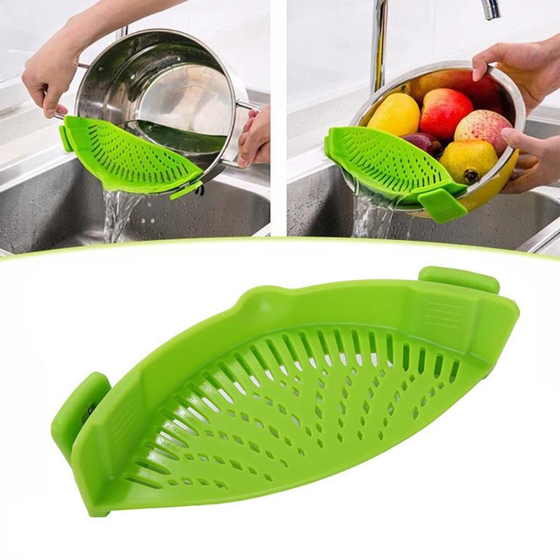 

1pcs Green Silicone Pot Pan Bowl Funnel Strainer Kitchen Rice Washing Colander Kitchen Accessories Cooking Tools