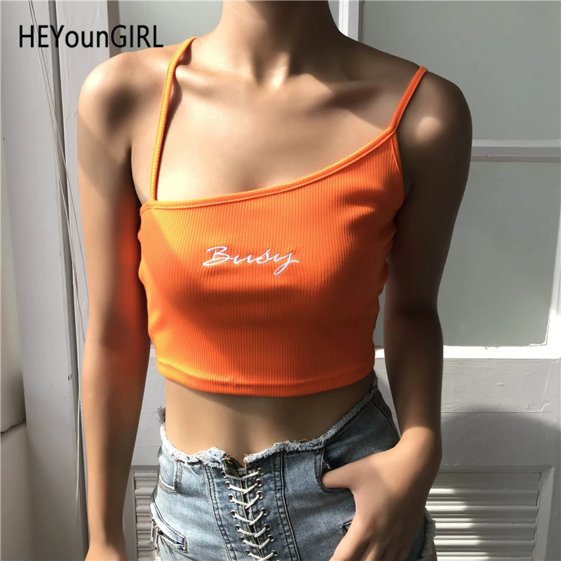 

HEYounGIRL Irregular Spaghetti Strap Top Women Sleeveless Backless Crop Tops Tees Embroidery Casual Cami Top Vest Summer Street