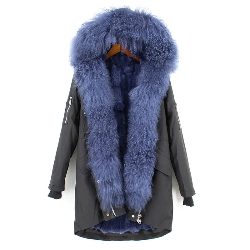 

women winter real fur parka jacket with Mongolia Sheep Fur hooded trim collar femme waterproof coat middle long large size slim
