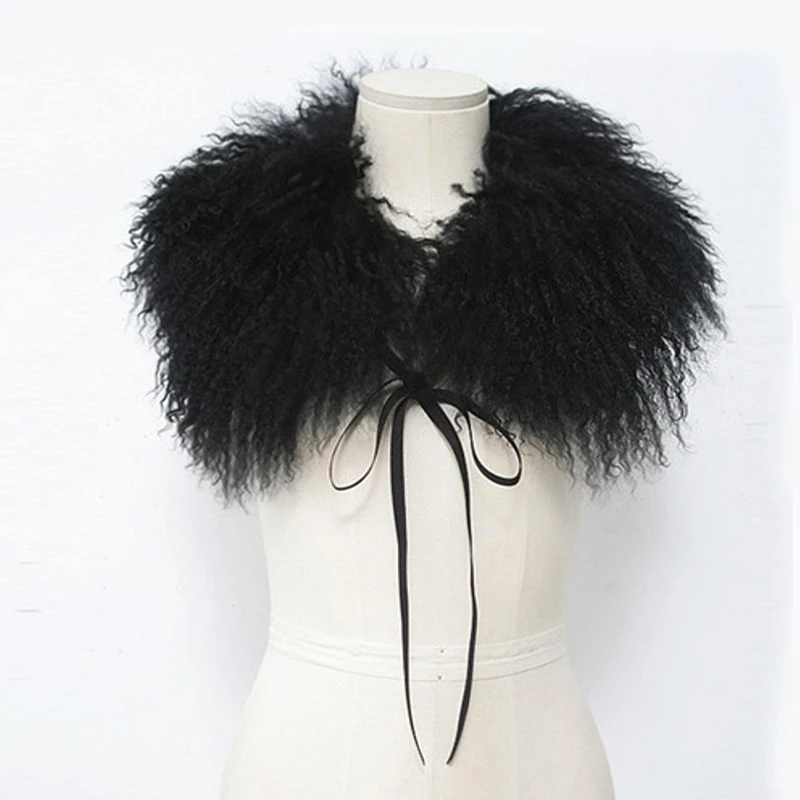 Goedkoop Real Mongoli euml; Schapen Bontkraag Sjaal voor Jas Jas Strand wol Met Bandjes Effen Zwart Wit Vrouwen Echt Bontkraag Winter