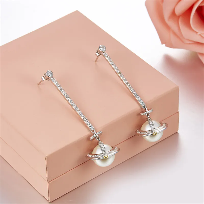 

Fits Monaco Jewelry with Charm Ladies Jewelry Lovers Party Gift 925 Sterling Silver Meteor Pearl Earrings Inlaid Zircon