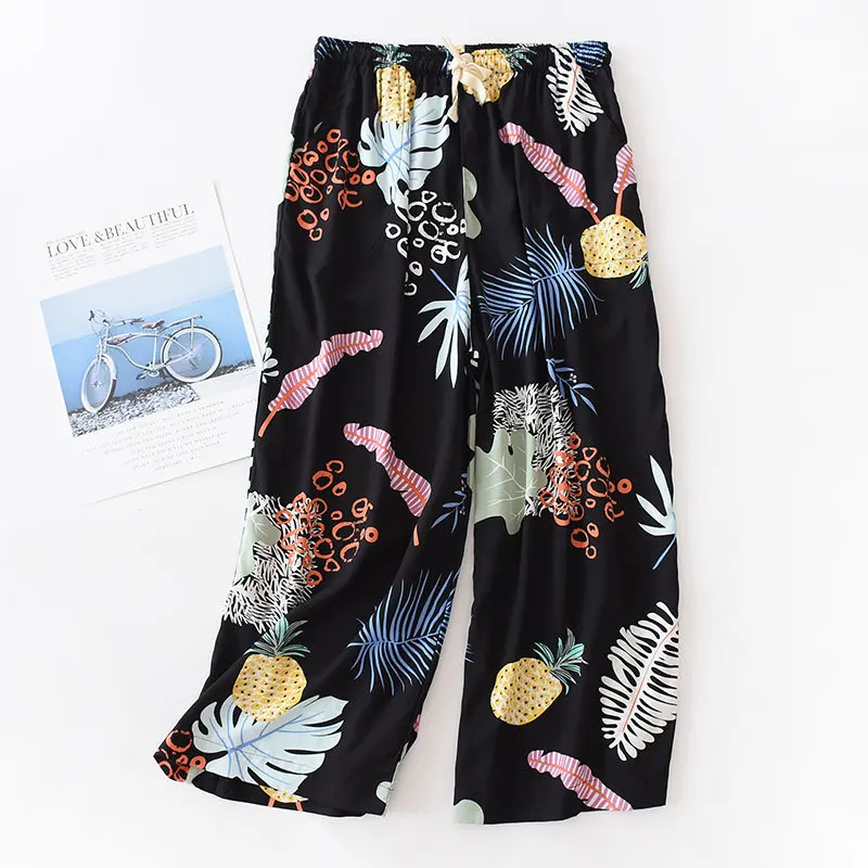

High Quality Cotton Female Sleep Bottoms Summer Lounge Calf-Length Pajama Pants Printed Nightwear Home Wear Pyjama Trousers