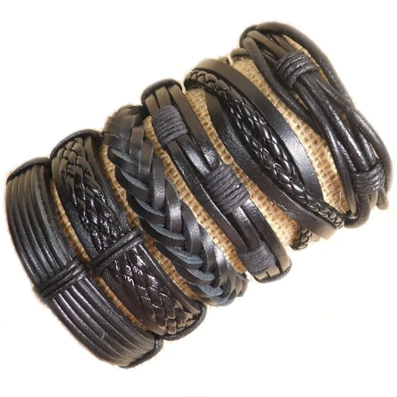 Wholesale 4pcs/lot Handmade ethnic tribal genuine rope wrap charming male pulsera black brown braided leather bracelets bangles