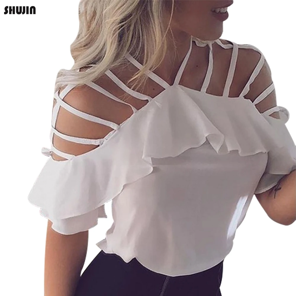 

SHUJIN 2019 Womens Chiffon Blouses Summer Short Sleeve Hollow Out Tops Sexy Shoulder off New Female Solid Casual Tops Streetwear
