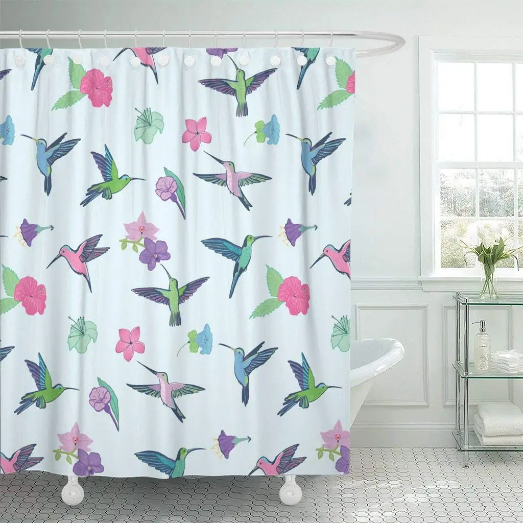 

Shower Curtain with Hooks Green Abstract Hummingbird Pattern Animals Birds Blossom Climate Colibri Color Dancing Bathroom Decor