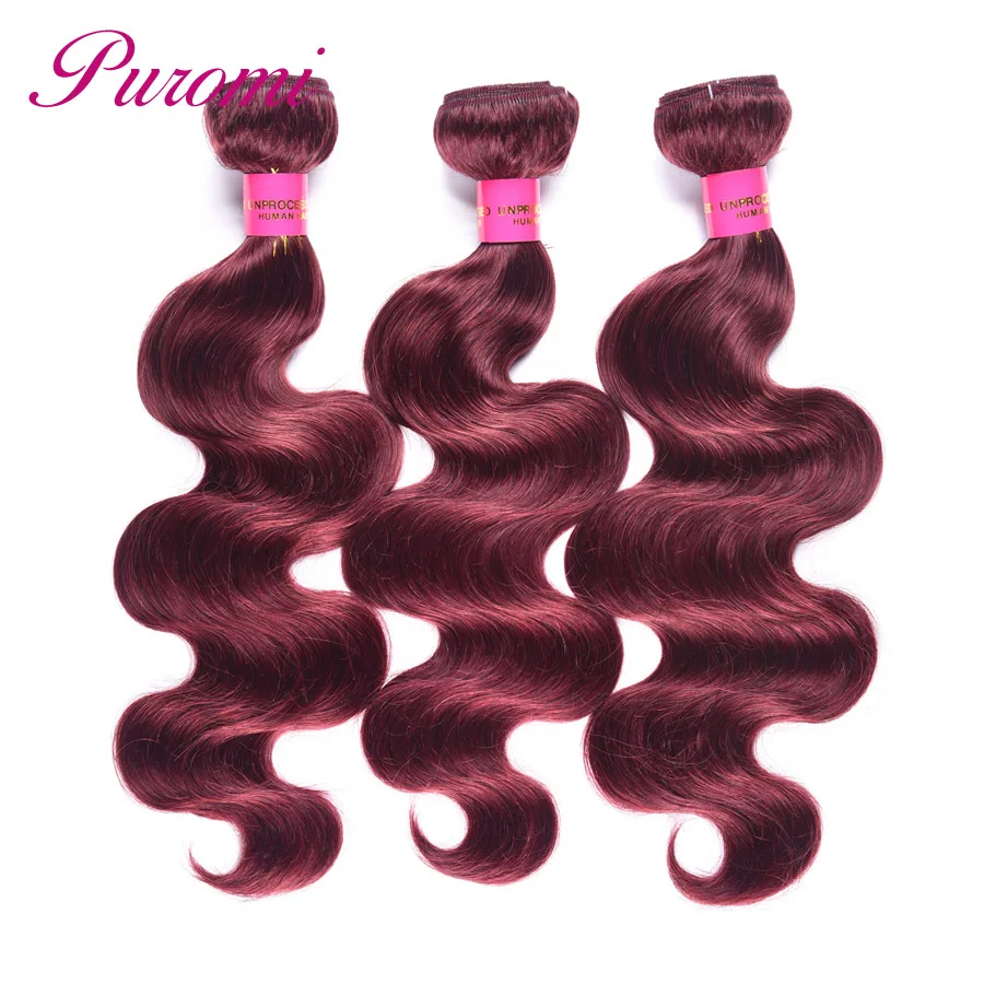 Puromi Hair Extension Colored 99J Brazilian Hair Weave Bundles with Closure 4x4 Free Part Body Wave Human Hair Bundles Non Remy