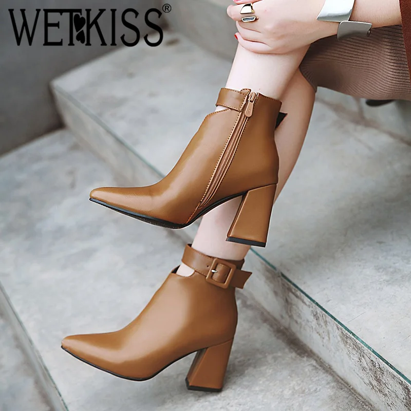 Comprar WETKISS tacones altos con correa de tobillo botas calzado de mujer de punta estrecha Zip botines femeninos zapatos de Pu mujer invierno 2020 de talla grande 34 46