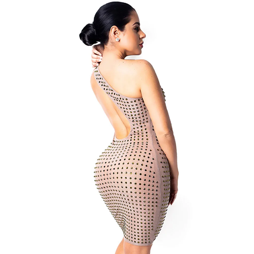 Sexy Sparkly Rhinestone Backless Dress Women One-Shoulder Irregular Dress Slim Party Club Bodycon Dresses Vestidos Robe Sexy Sparkly Rhinestone Backless Dress Women One-Shoulder Irregular Dress Slim Party Club Bodycon Dresses Vestidos Robe