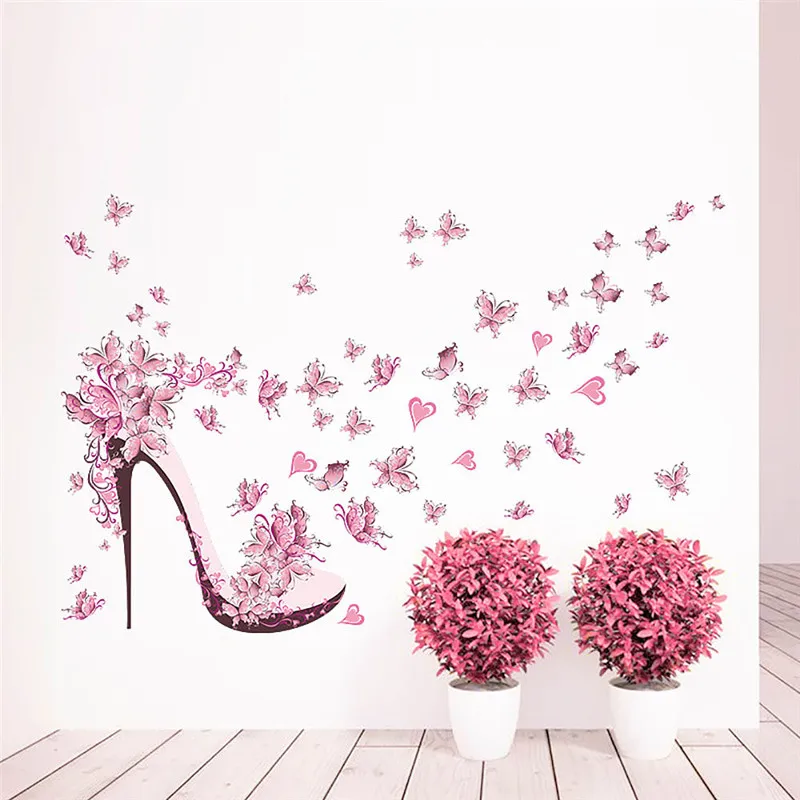 Removable Pink High heeled Shoes With Butterfly Vinyl Wall Sticker Home