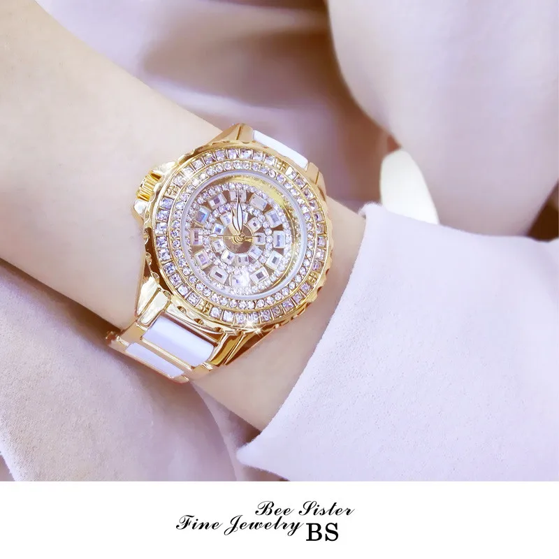 

Fashion Ladies Imported Quartz Movement Watch High-end Custom Full Rhinestone Ceramic Strap Linked Watch