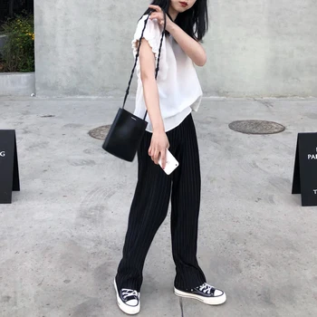 

Miyake pleated pants retro glossy pleated pinstripe loose high waist wide leg pants casual trousers free shipping