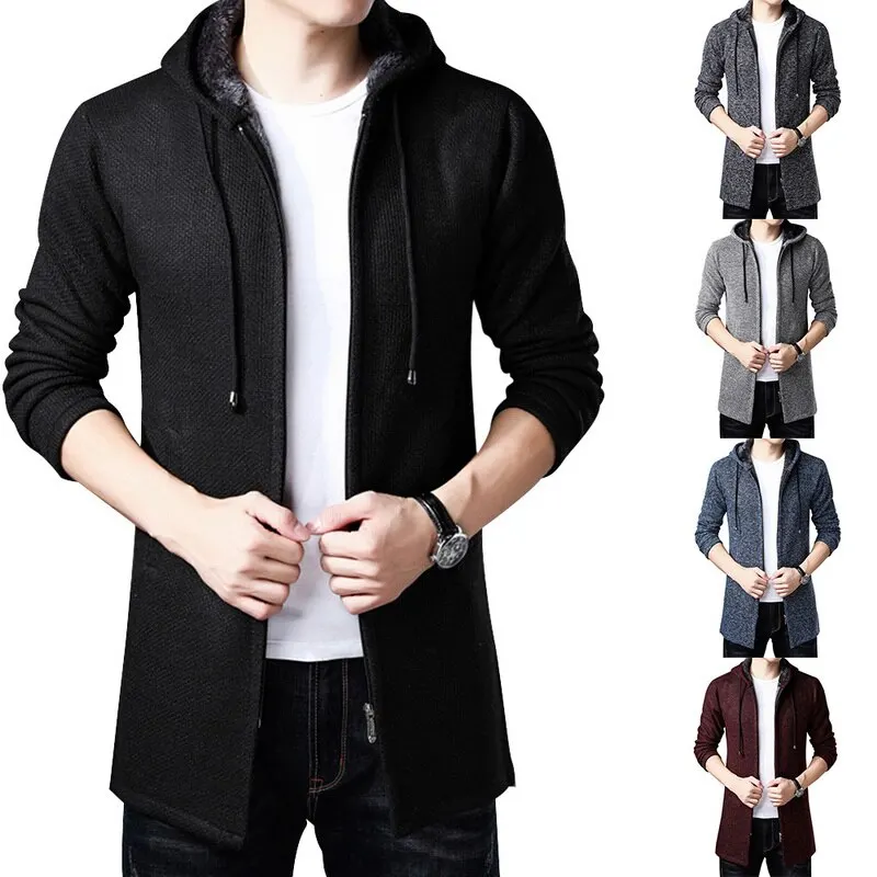 

2019 New Men's Hooded Coat Solid Casual Korean Long-sleeved Sweatshirts 3XL Men's Slim Long Coats Cardigan Jacket For Male