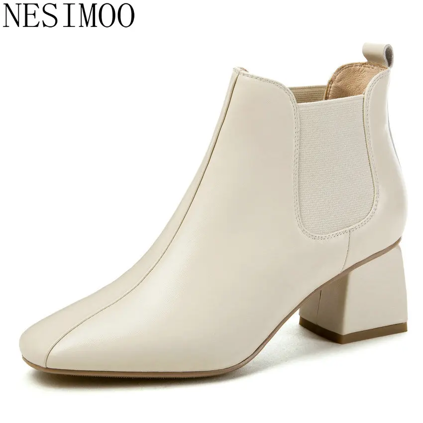 

NESIMOO 2019 Women Ankle Boots Cow Leather+PU All Match Elegant Women Boots Black Beige Winter Boots Women Shoes Size 34-39