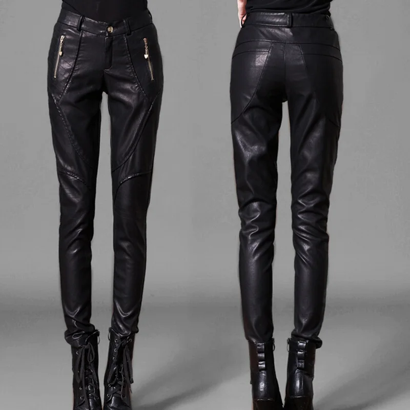 Free Shipping Women Pencil Pants Zipper Pockets Women Leather Pants ...