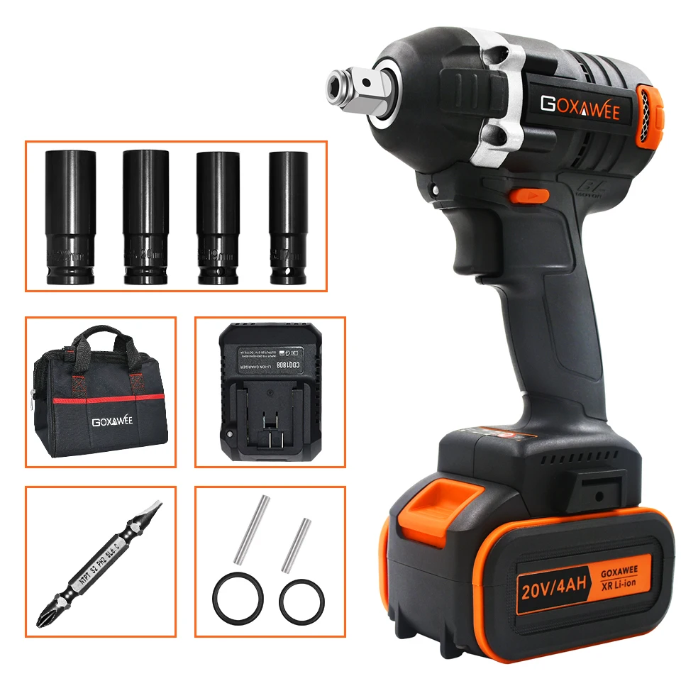  GOXAWEE 20V Brushless Cordless Electric Wrench Impact Driver Socket Wrench 4000mAh Battery Hand Dri