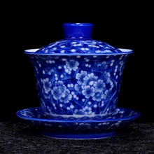 225 мл Цзиндэчжэнь синий и белый фарфор гайвань кунг-фу чайный сервиз, кружка для вина мастер чайные пиалы с поддоном комплект крышек чайник украшение