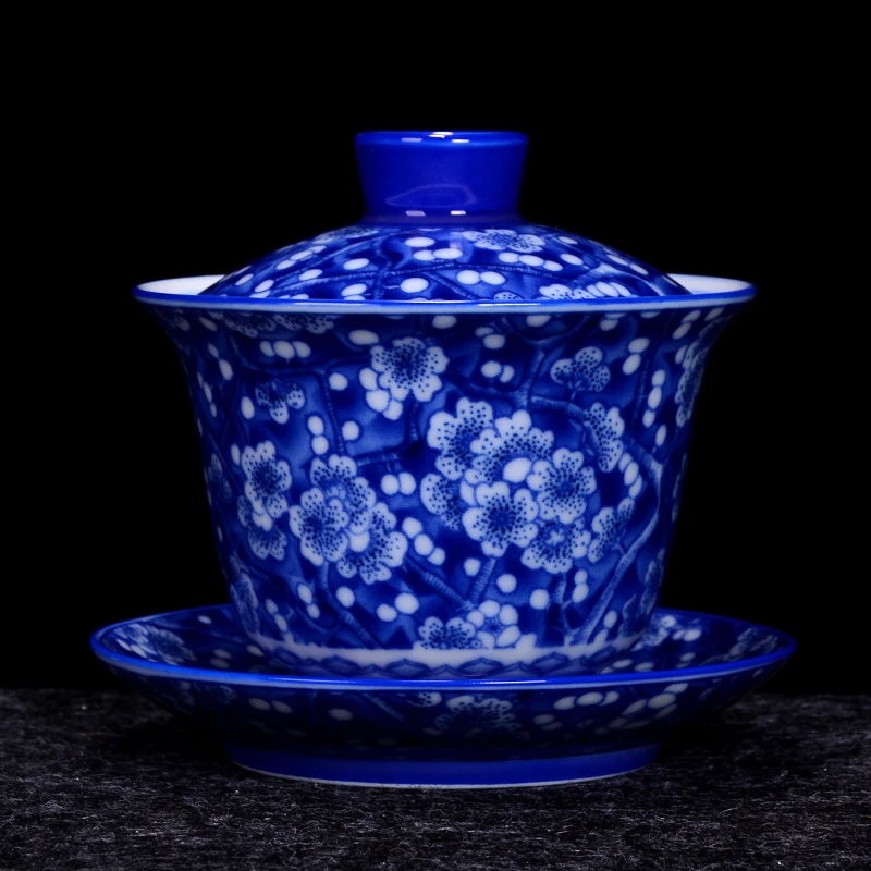

225ml Jingdezhen Blue and White Porcelain Gaiwan Kung Fu Tea Set Drinkware Master Tea Bowls with Tray Lid Kit Teapot Decoration