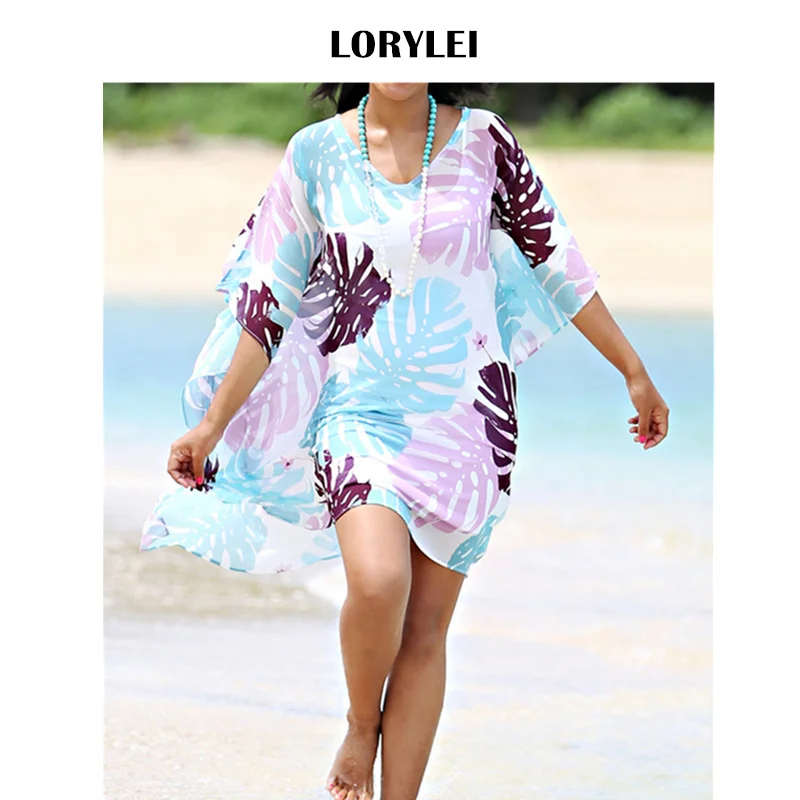 

Modest Purple Feathers Print Batwing Sleeve Swimwear Beach Blouse Plus Size Women Tunic Summer Beachwear Swimsuit Cover Up N404