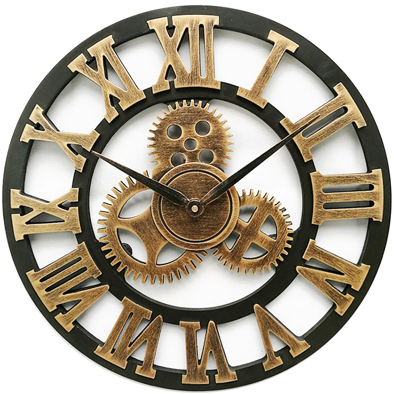 American Retro Wall Clock 58cm Roman Numerals Iron Gear Clocks Wood 3D