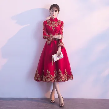 

Burgundy Embroidery Mandarin Collar Cheongsam Short Dress Vestidos Chinos Oriental Qipao Evening Gowns Classic Party Dress