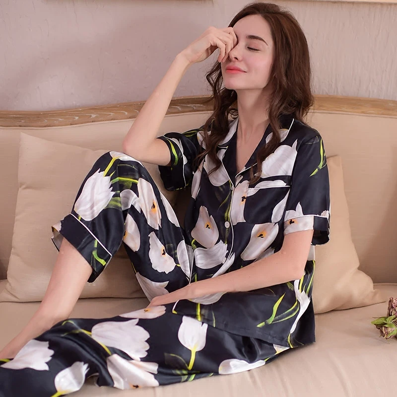 Genuine Silk Women's Pajamas 100 Silk Sleepwear High Quality Printed