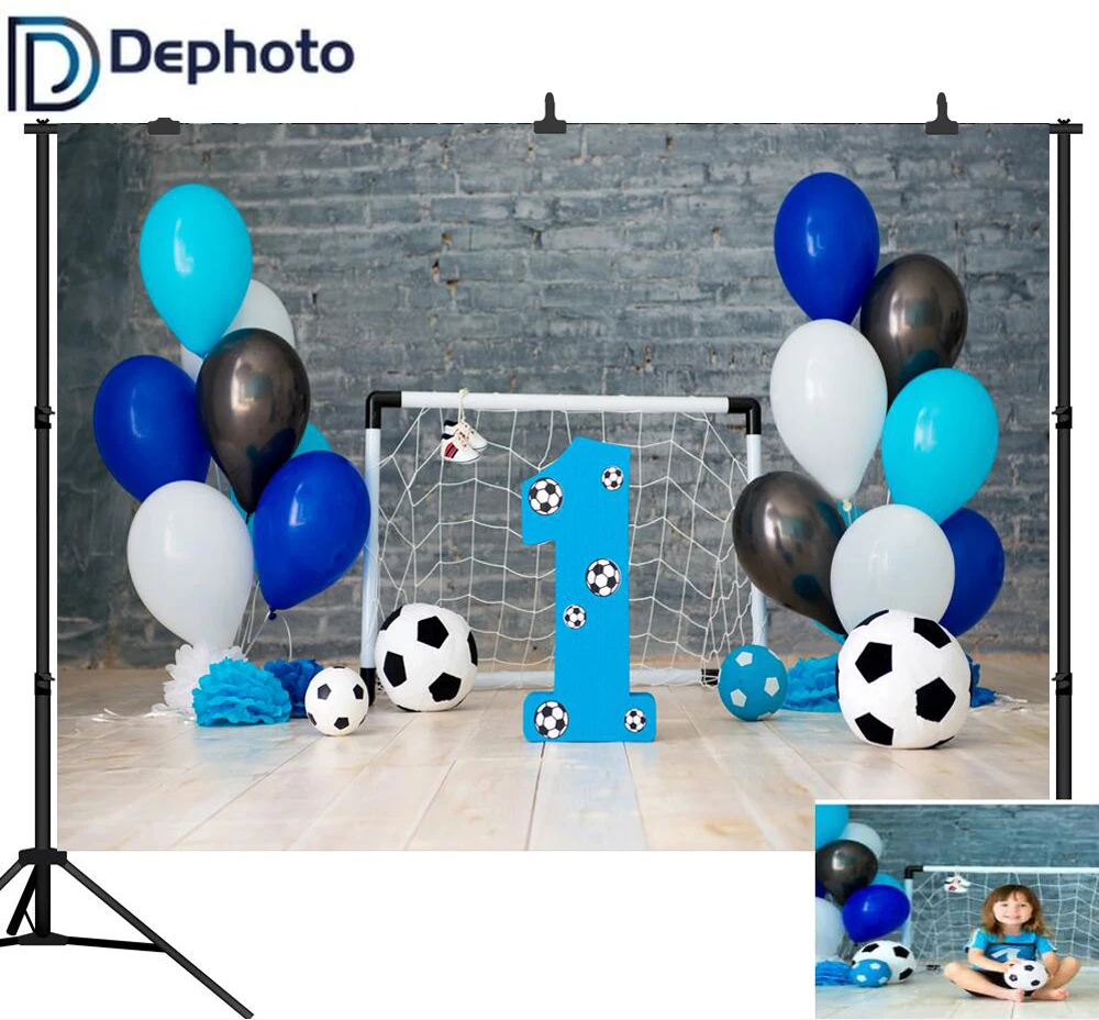 

DePhoto 1st Birthday Party Balloons Football Brick Wall Photography Background Custom Photographic Backdrops For Photo Studio