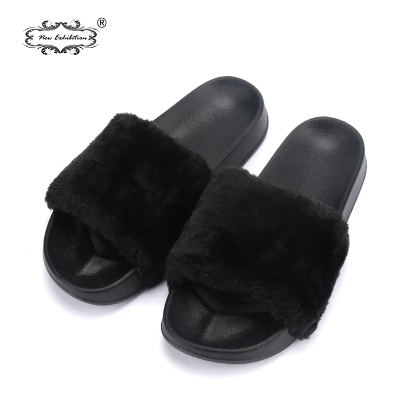 

N ew Exhibition women shoes plataformas mujer verano Plush slippers faux fur Slides flip flops Flat Shoes Beach sandals 36-40