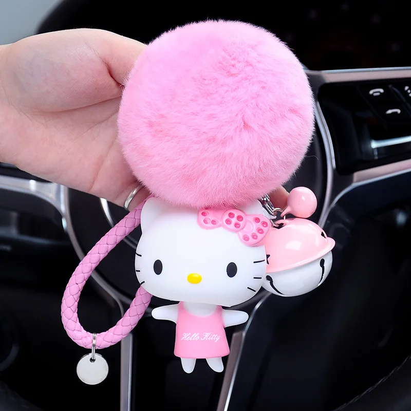 

Cute 8cm Fluffy Rabbit Fur Pom Pom Keychain PVC Hello Kitty Bell Leather Rope Key Chain Llavero Pompon Keyring Charm Bag Pendant