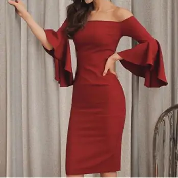 

[New Sale] 2019 Latest New Women Work Design Slash Neck Flare Sleeve OL Dresses Black , Blue , Wine Red color S,M,L,XL