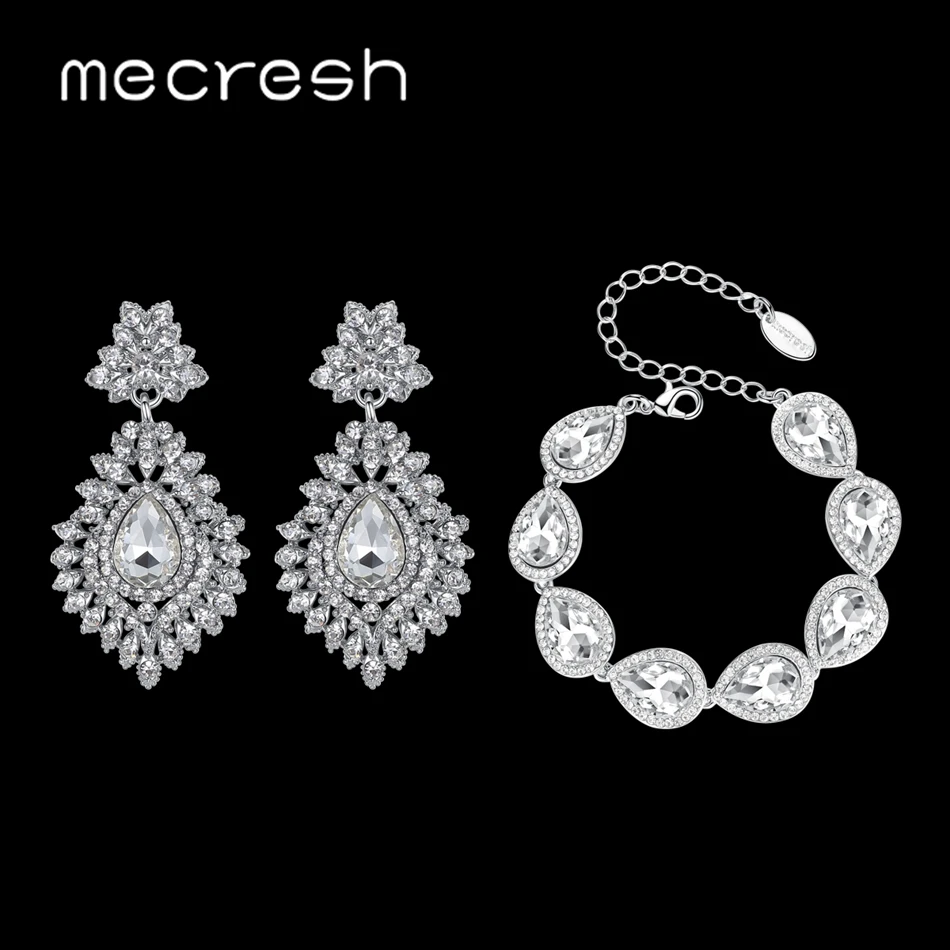 

Mecresh Crystal Flower Earrings Bracelet Set Bridal Jewelry Sets Statement Rhinestone Teardrop Wedding Jewelry Sets EH916+SL051