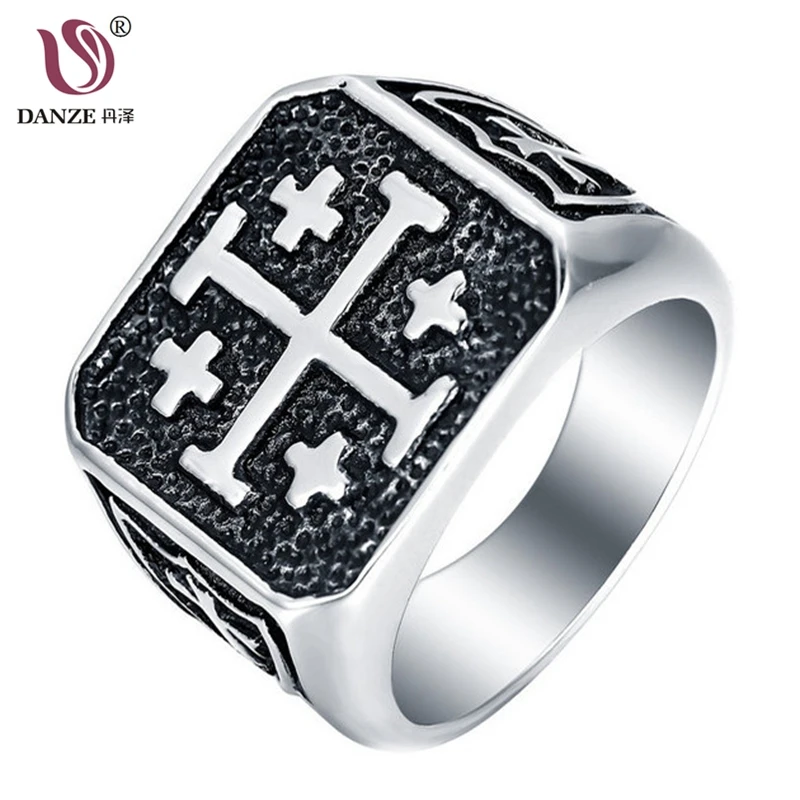

DANZE 8#-15# The Crusaders Logo Mens Signet Rings Stainless Steel Man's Fashion Cross Ring Anel Masculino Medieval Retro Jewelry