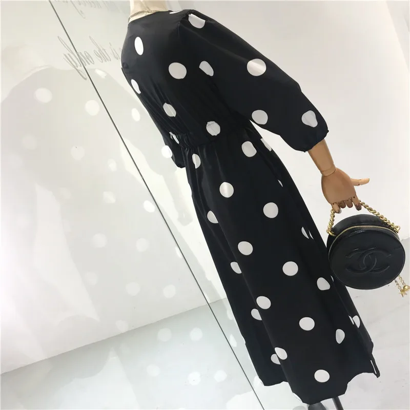 Флектит черное платье в горошек с запахом с самозавязывающимся карманом Высокая талия v-образным вырезом Ретро женское французское шикарное платье в Парижском Стиле