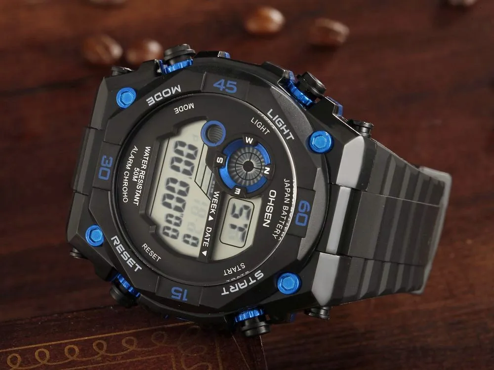 OHSEN цифровой бренд Мужская обувь для мальчиков спортивные часы lcd 50M с резиновым ремешком, лидер продаж синий из дышащего материала военные наручные часы Relogio Masculino