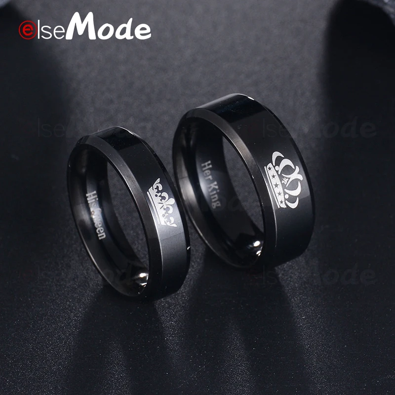 ELSEMODE 1Piece Titanium His Queen Her King DIY Engraved Couple Ring Romantic Engagement Wedding Rings For Men Women Jewelry