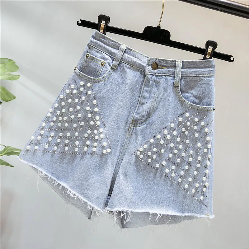 

Mr.nut 2019 summer large size women's shorts new beaded slim high waist Harajuku wild wide leg jeans